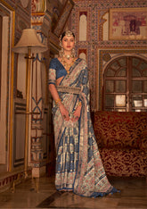 Blue Silk Saree in Floreem vacuum finish and Elegant Stud Work | Saree for all occasion